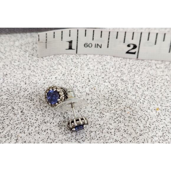 Kiera Blue Stone Surrounded By Rhinestones In Flower Shape Stud Earrings - Picture 3 of 3